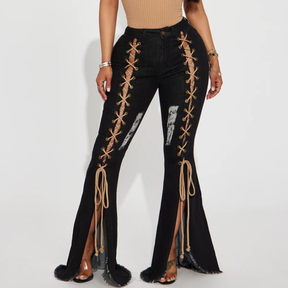 Fashion Nova Lace Up Flare Jeans - Black Wash - NEW with Tags Cowboy/Cowgirl